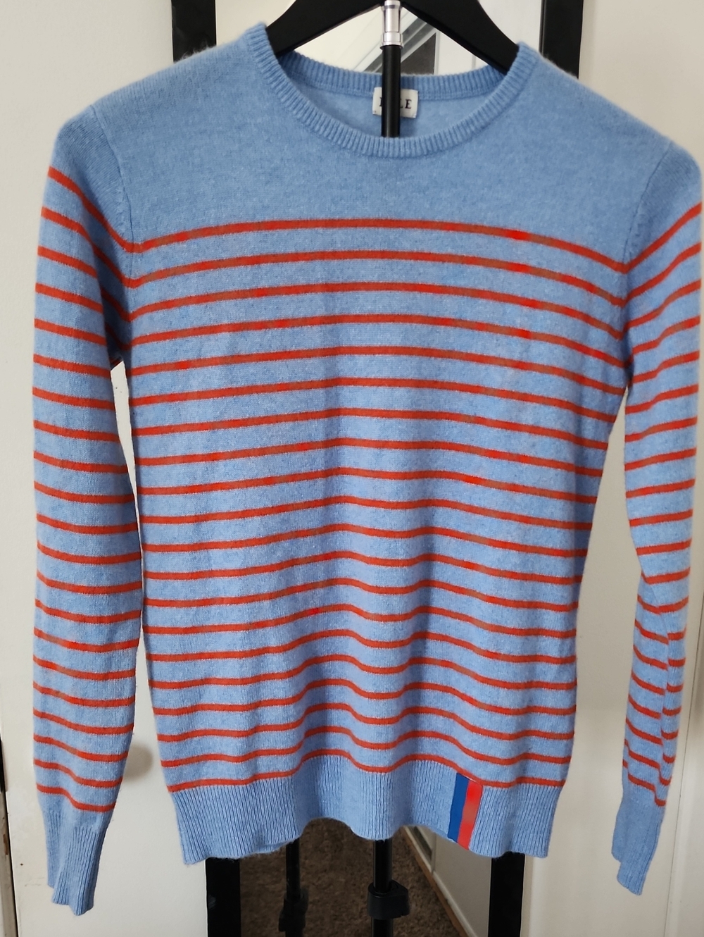 KULE Cashmere Light Blue Crewneck Sweater with Red Stripes